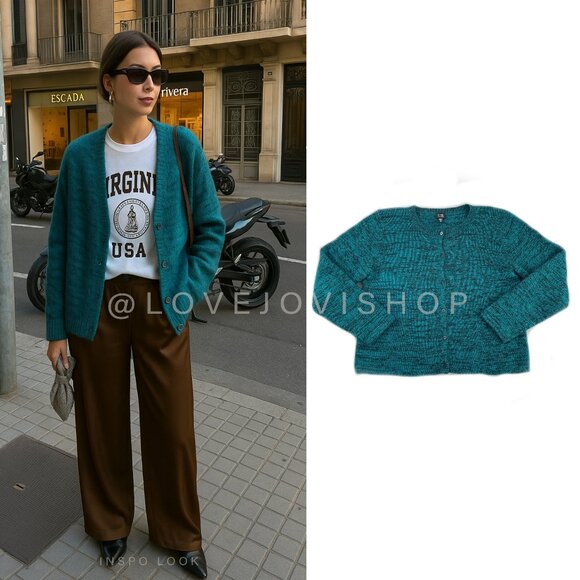 Streetwear | Eileen Fisher Mohair Cardigan in Heathered Teal & Black | Like New! - Picture 1 of 11